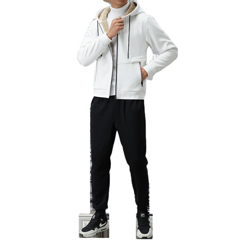 Two-piece Set Men's Solid Zip Up Hooded Jacket & Drawstring Waist Pants Set