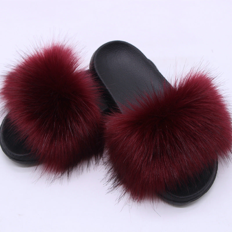 Fox Fur Soft Black Sole Slippers