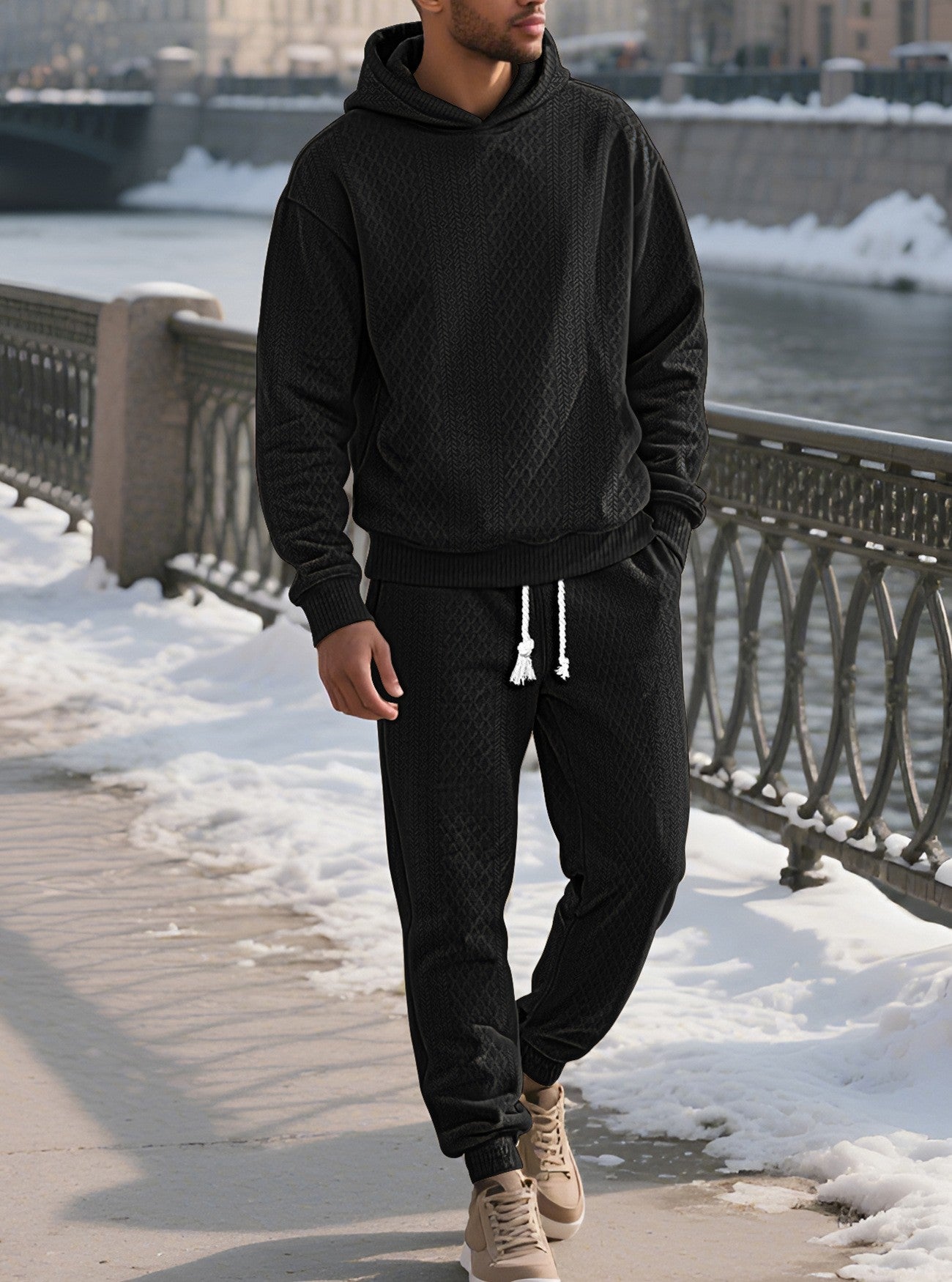 KZZ Two-piece men's solid color hooded sweatshirt and drawstring pants set