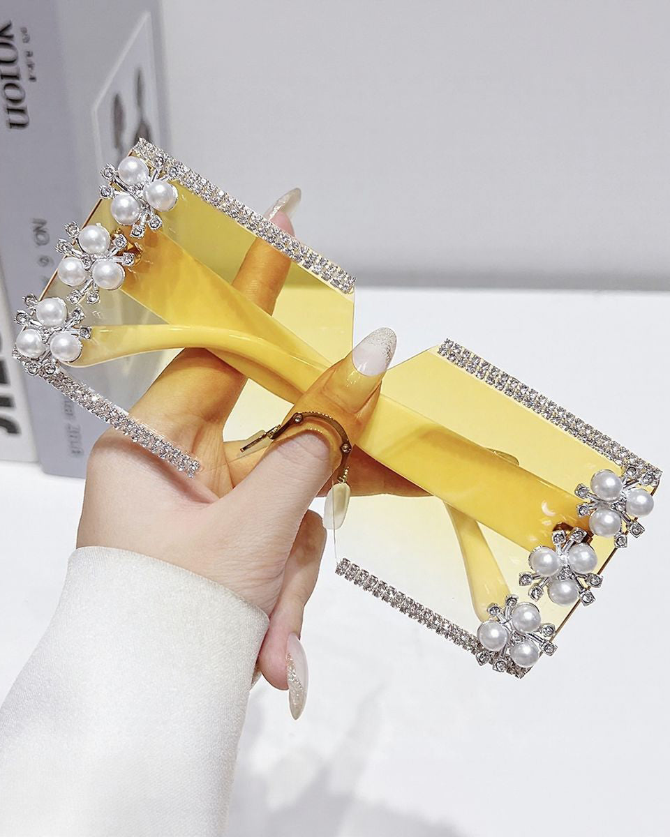 Elegant Flower Decor No Frame Square Luxury Rhinestone Glasses