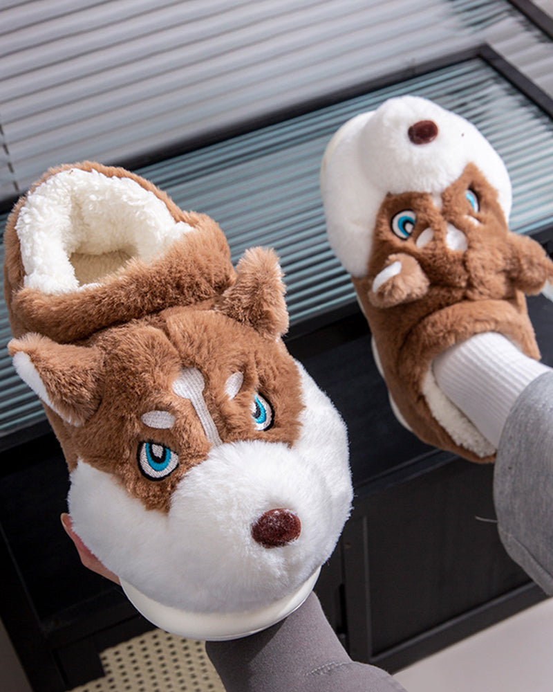 Plush Bag With Cute Husky Cartoon Home Cotton Slippers