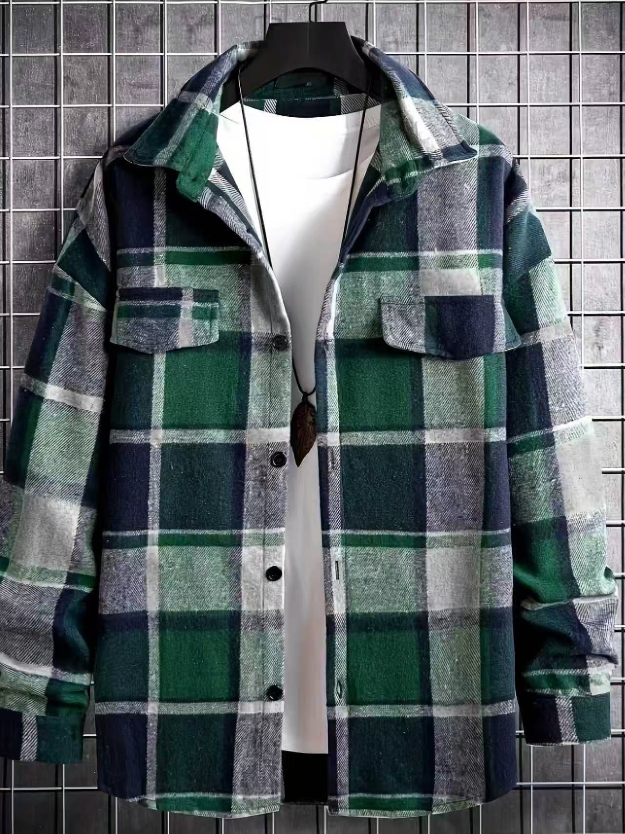 Men's Casual Loose-Fit Plaid Shirt,Vintage Style Long Sleeve Button Front Top