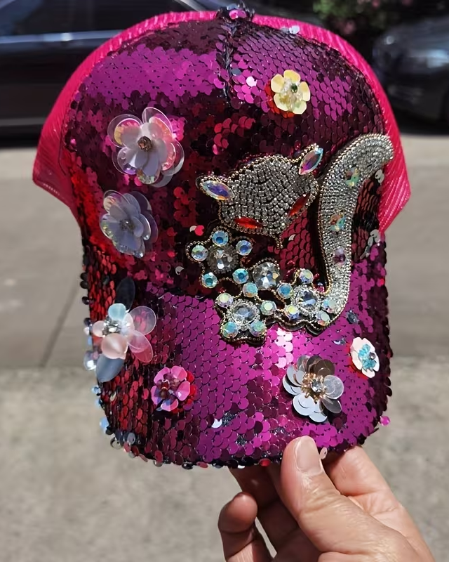 High-Quality Rhinestone & Sequin-Embellished Fox Accent Baseball Cap