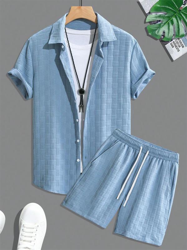 Men's Pure Color Textured Short Sleeve and Shorts Summer Suit