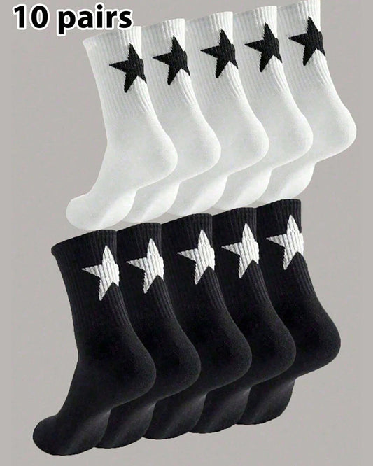 5 Pairs/10 Pairs Men/Women Solid Color Ankle Socks,  Black & White, Versatile Crew Socks For All Seasons, Fall