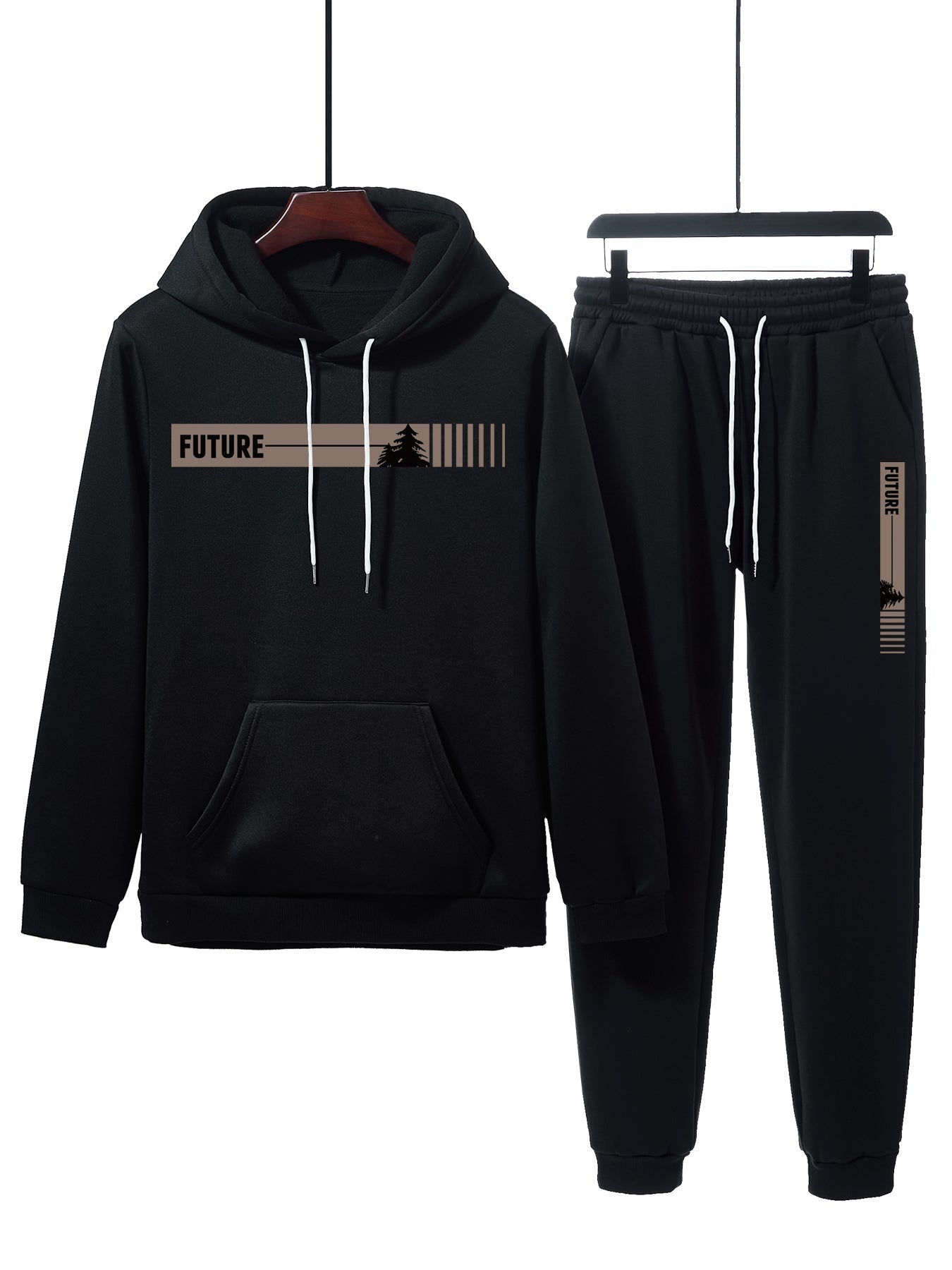 GGT Two-piece Set Men's Tree Graphic Hoodie & Drawstring Waist Sweatpants
