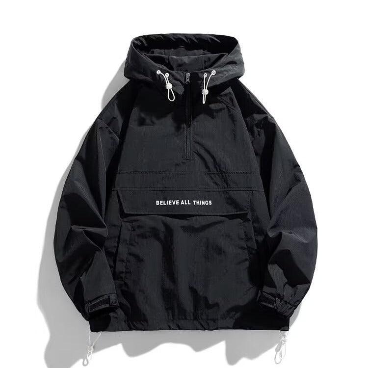 Men's Letter Print Drawstring Pocket Half Zipper Hooded Jacket