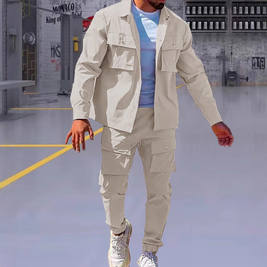 Men's Solid Button Pocket Lapel Neck Jacket & Drawstring Waist Cargo Pant Set