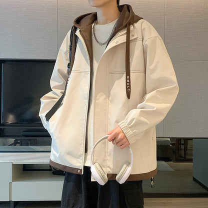 KZZ Men's Colorblock Letter Pocket Longsleeves Drawstring Hooded Jacket