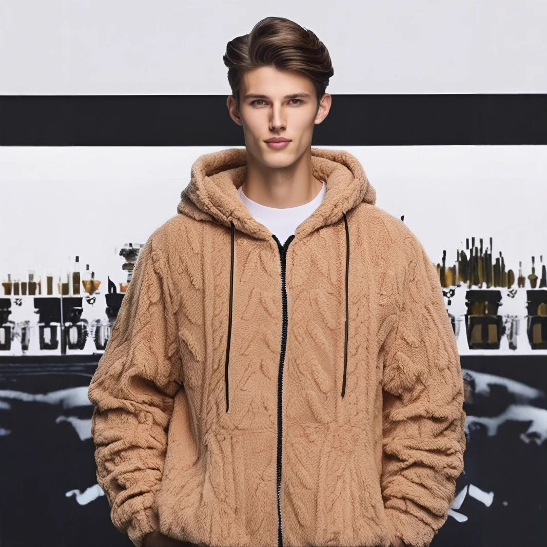 Men's Solid Drop Shoulder Drawstring Zip Up Hooded Jacket