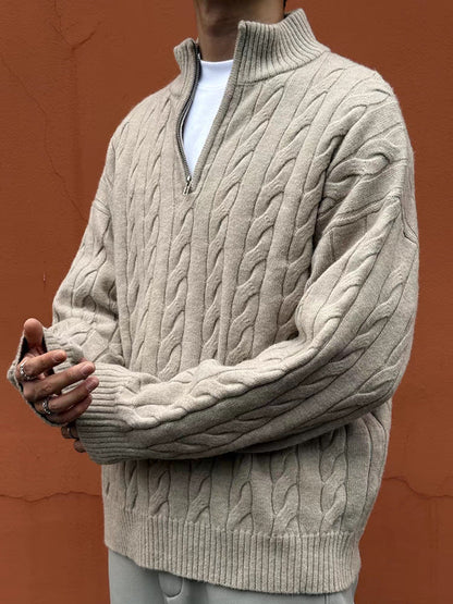 GGT Men's solid color zipper sweater, fashionable knit long sleeved