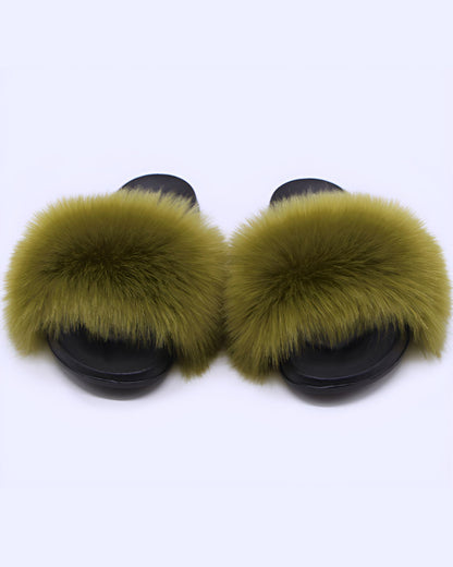 Fox Fur Soft Black Sole Slippers
