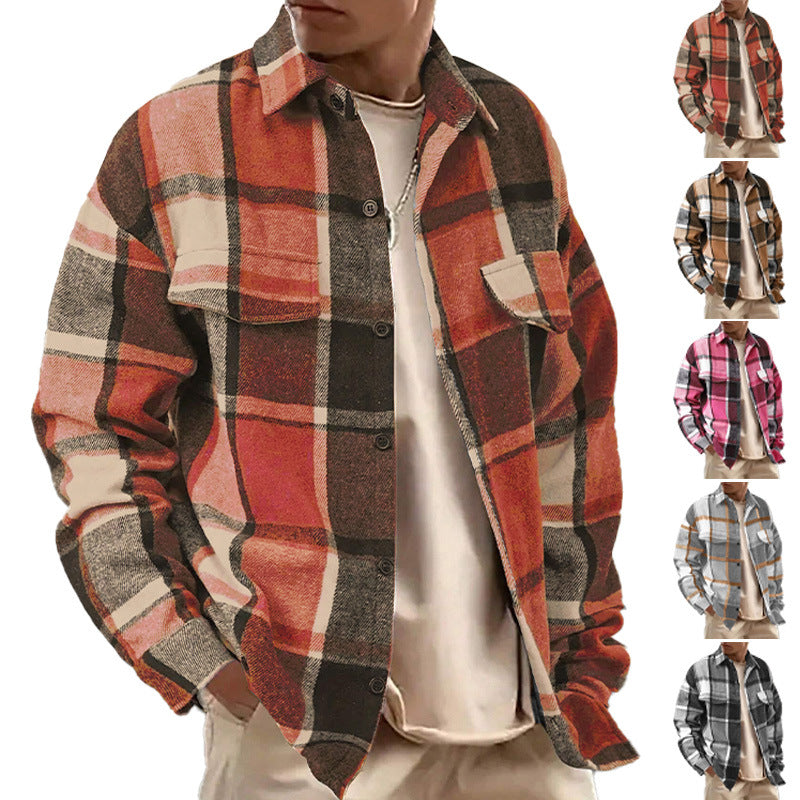 Men's Casual Loose-Fit Plaid Shirt,Vintage Style Long Sleeve Button Front Top