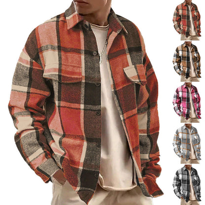 Men's Casual Loose-Fit Plaid Shirt,Vintage Style Long Sleeve Button Front Top