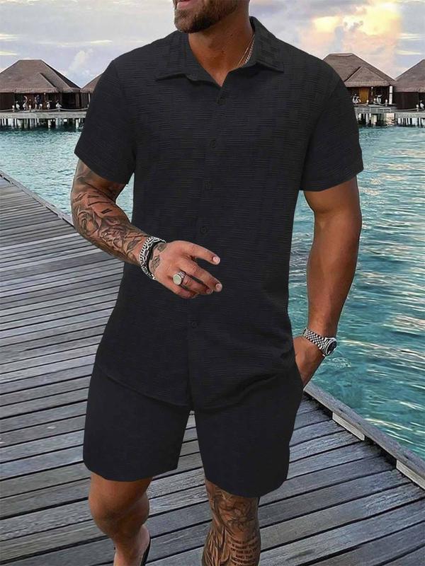Men's Pure Color Textured Short Sleeve and Shorts Summer Suit