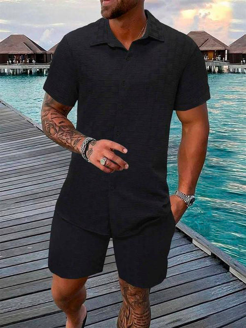 Men's Pure Color Textured Short Sleeve and Shorts Summer Suit