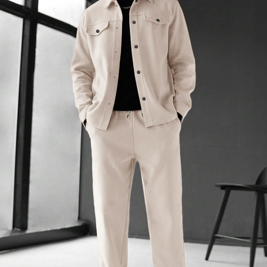 GGT Men's Solid Color Pocket Jacket and Belt Waist Pants Sport Suit Regular Version Mature Business Style