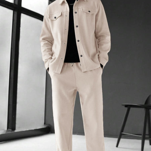 GGT Men's Solid Color Pocket Jacket and Belt Waist Pants Sport Suit Regular Version Mature Business Style