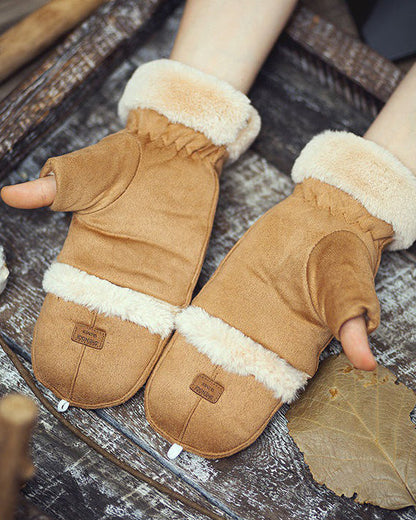 Suede Fleece-Lined Insulated Adjustable Gloves
