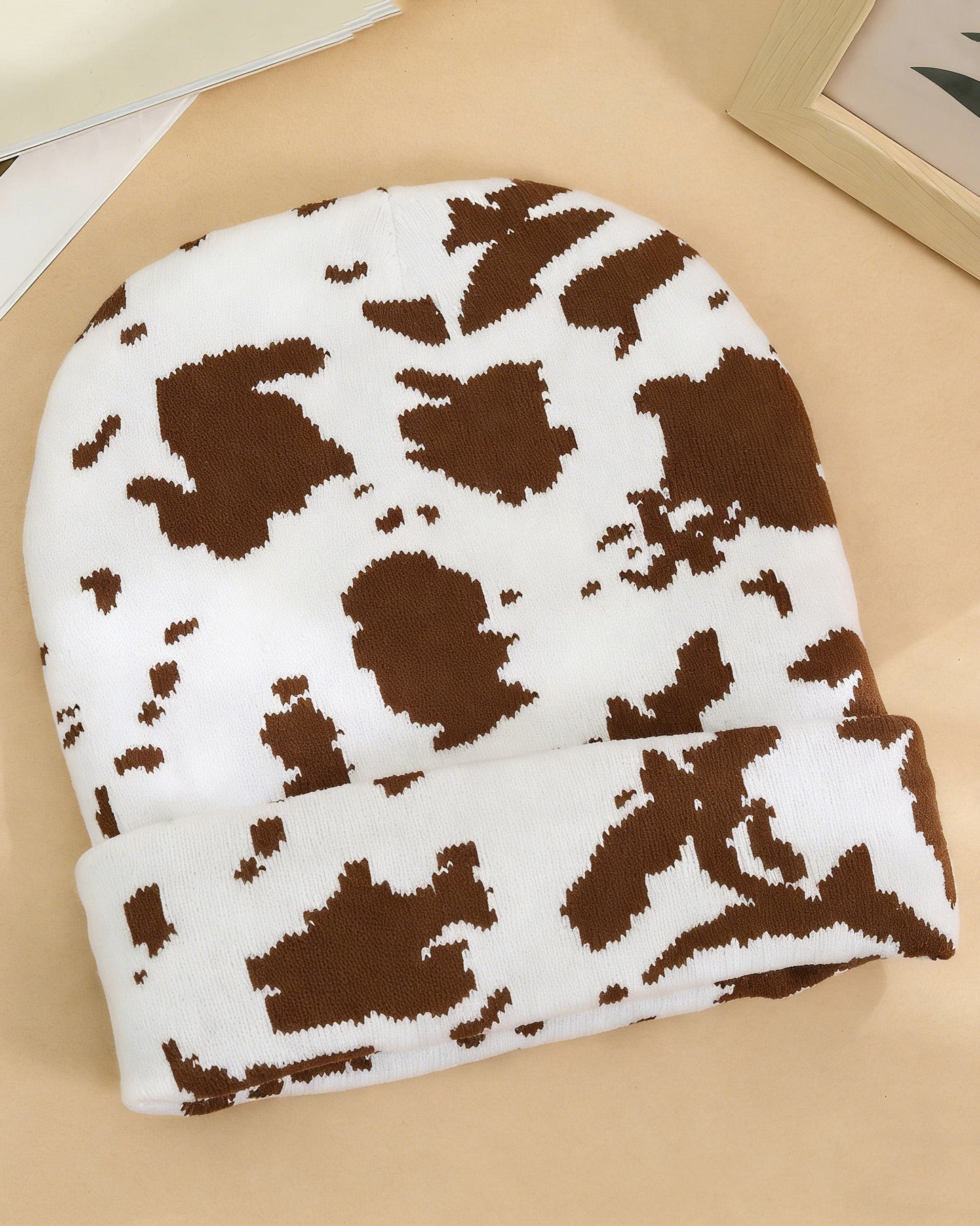 Unisex High-Quality Multicolor Cow Print Western Style Moire Knit Beanie