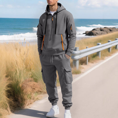 KZZ Men's Fall & Winter Hooded Casual Tracksuit Set: featuring a zip-front hooded design, cargo pants with multiple pockets