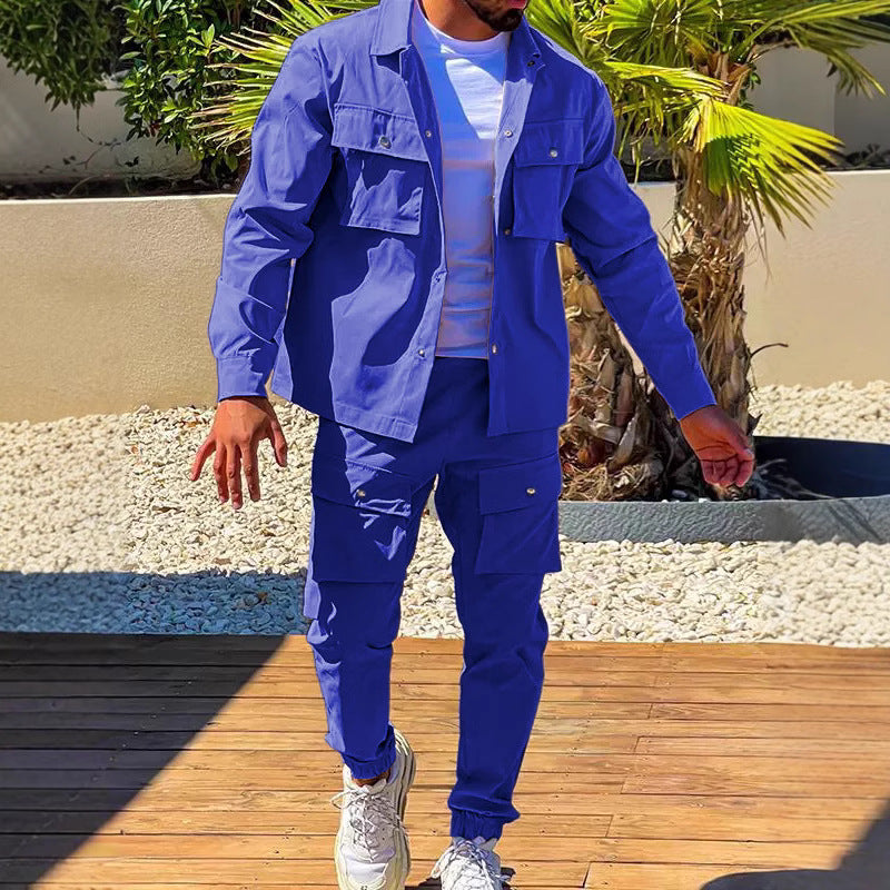 Men's Solid Button Pocket Lapel Neck Jacket & Drawstring Waist Cargo Pant Set