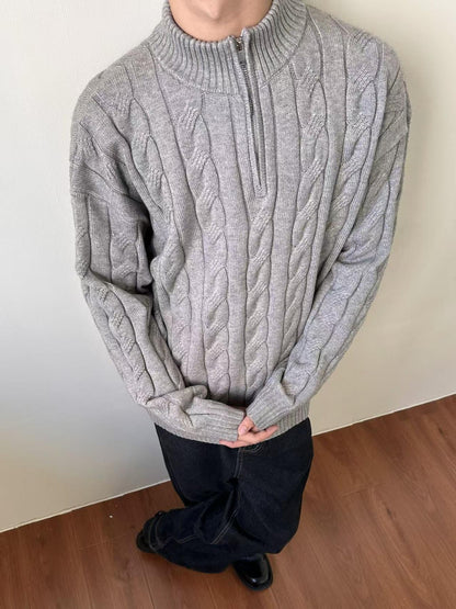 GGT Men's solid color zipper sweater, fashionable knit long sleeved