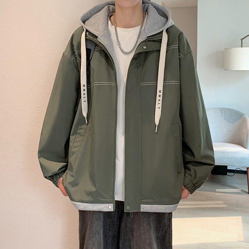 KZZ Men's Colorblock Letter Pocket Longsleeves Drawstring Hooded Jacket