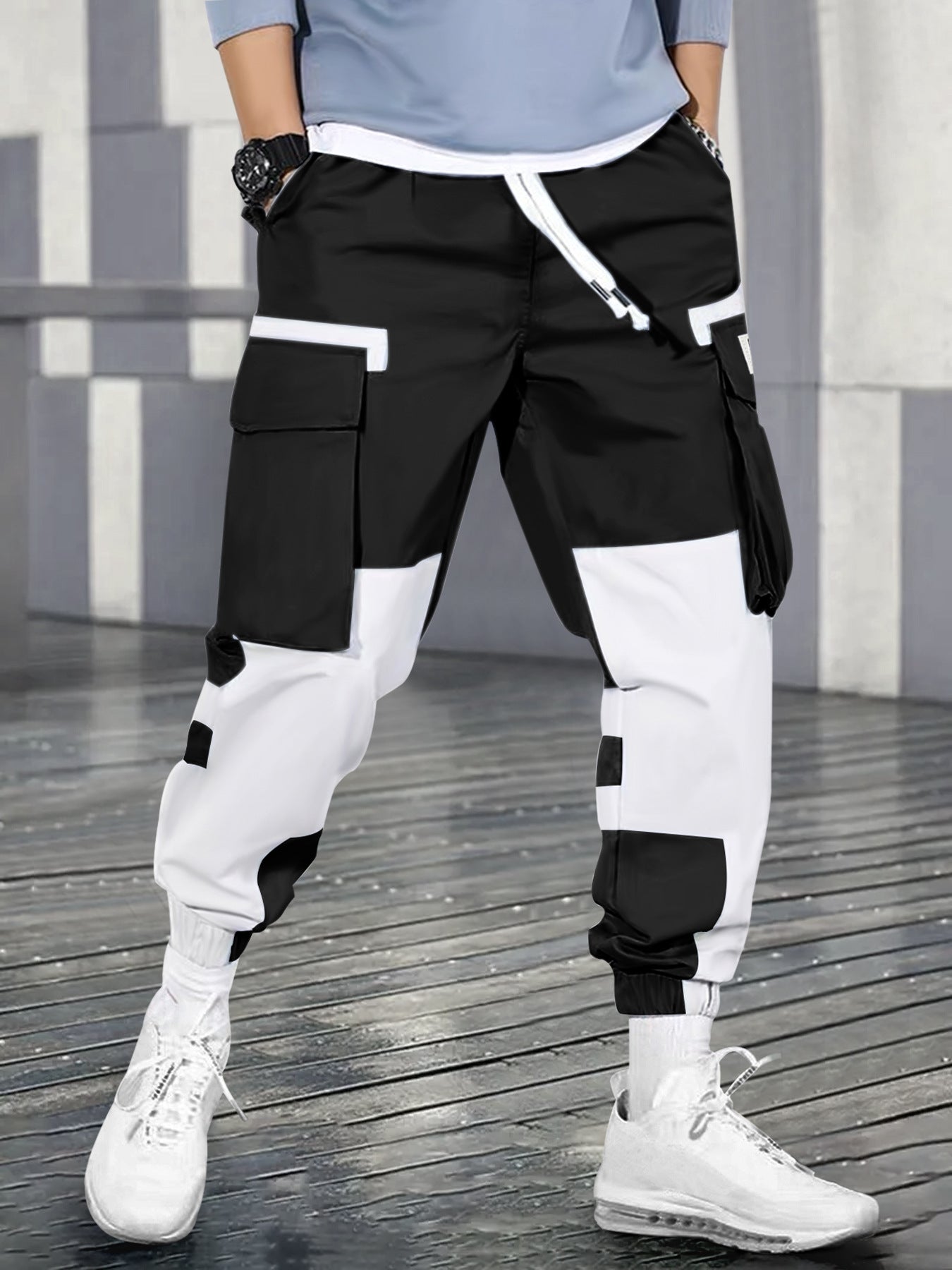 Men's Colorblock Drawstring Waist Cargo Pants