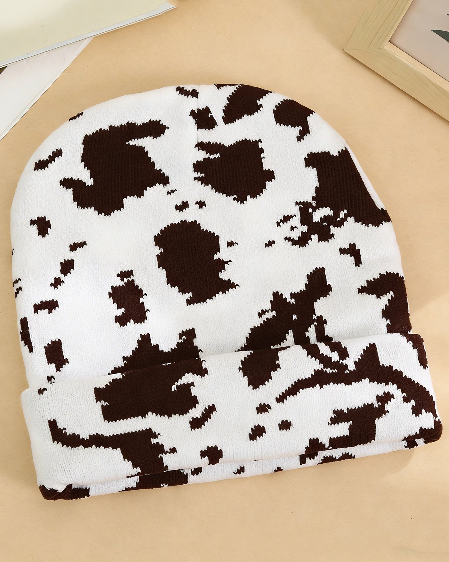 Unisex High-Quality Multicolor Cow Print Western Style Moire Knit Beanie