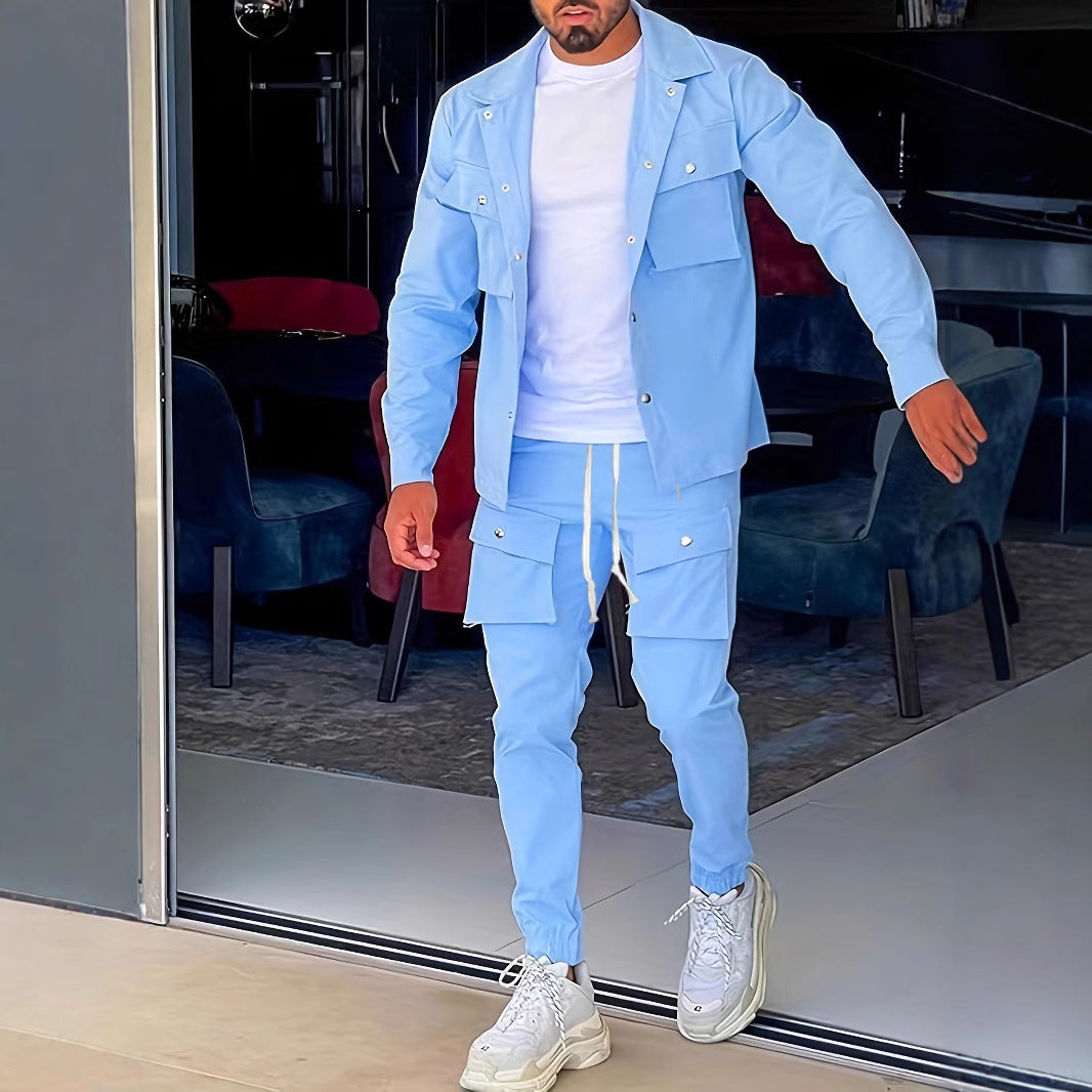 Men's Solid Button Pocket Lapel Neck Jacket & Drawstring Waist Cargo Pant Set