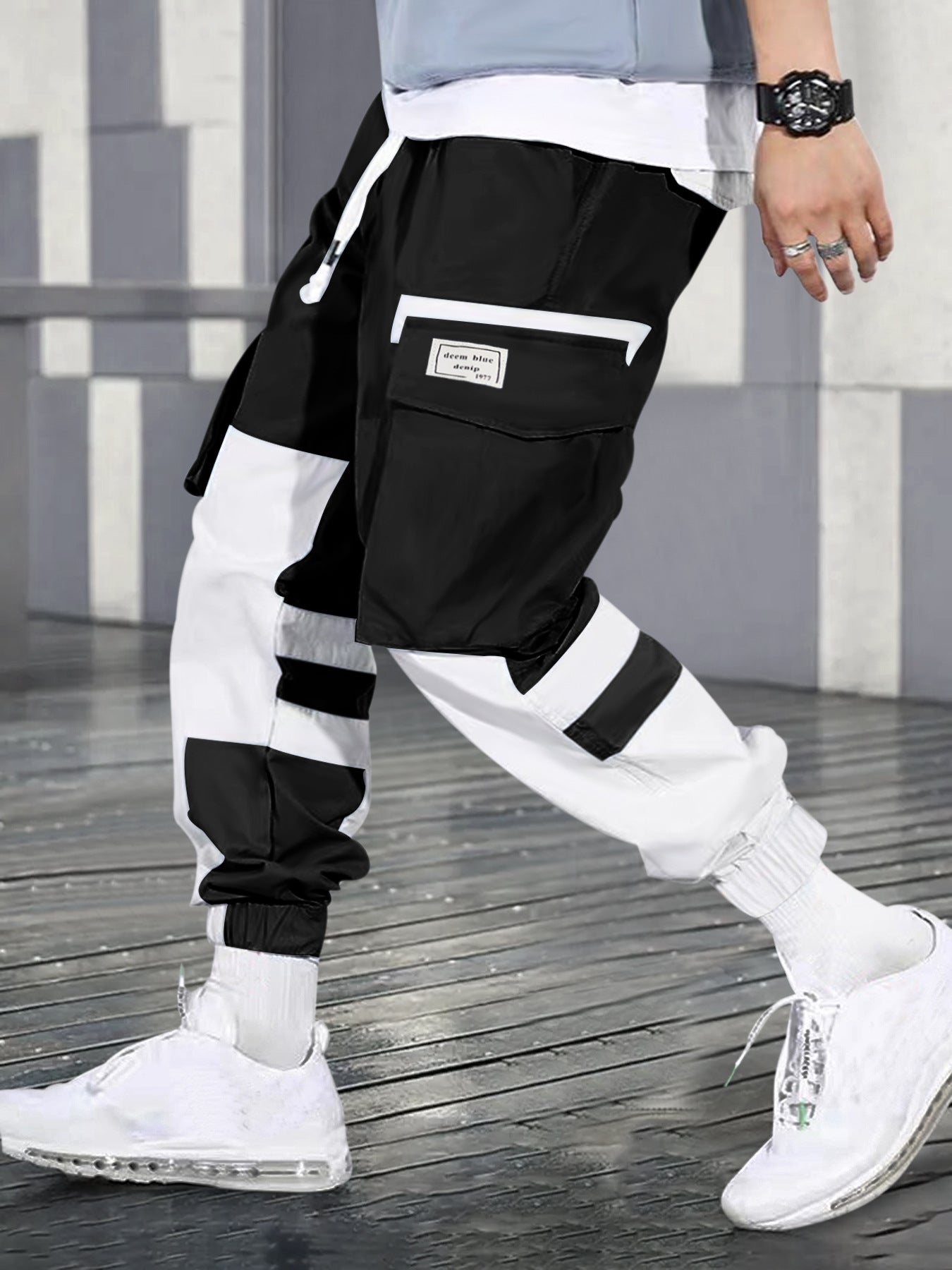 Men's Colorblock Drawstring Waist Cargo Pants