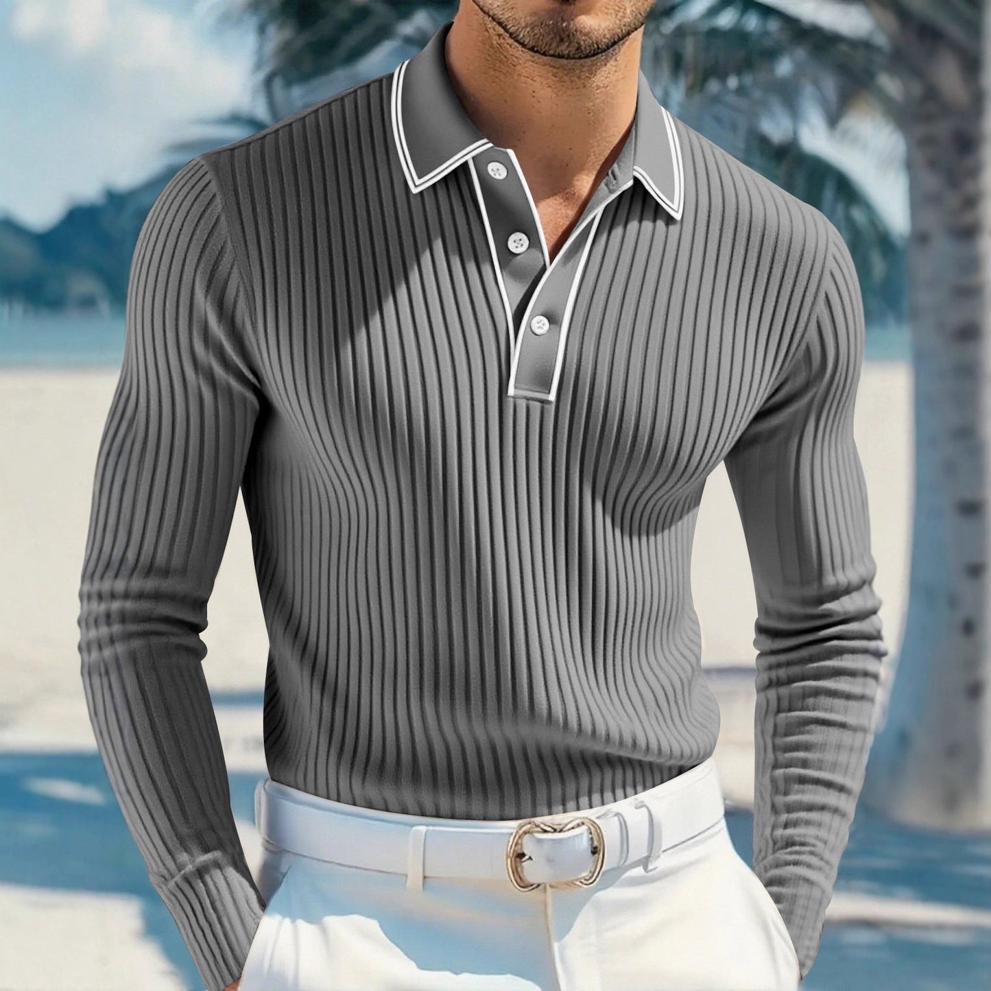 KZZ Men's Long Sleeve Polo Shirt Jacquard Fabric Collared Top