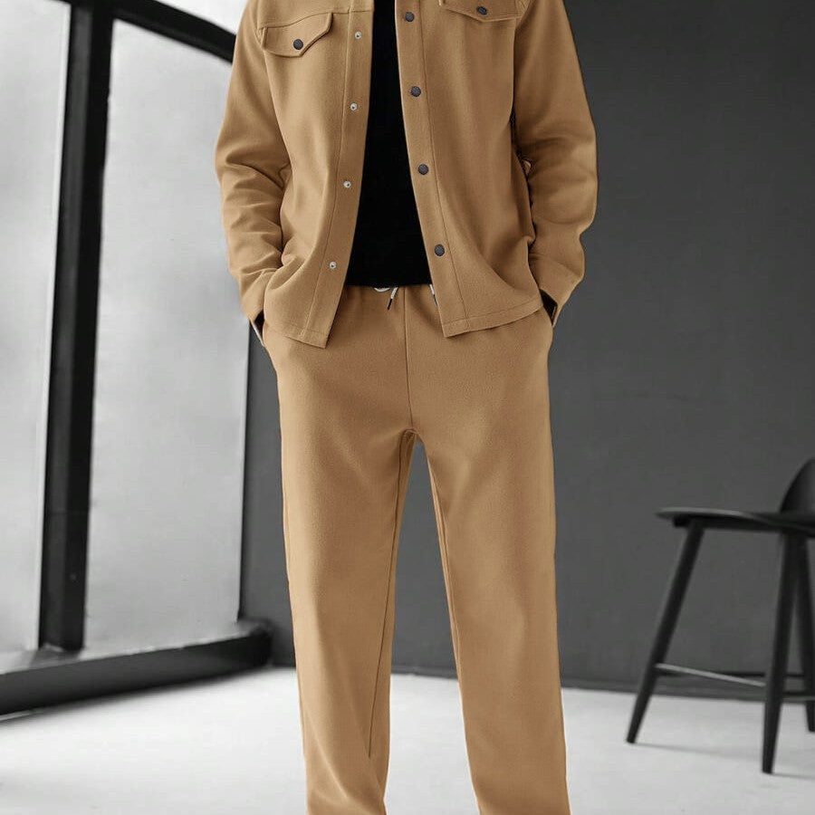 GGT Men's Solid Color Pocket Jacket and Belt Waist Pants Sport Suit Regular Version Mature Business Style