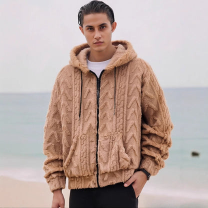 Men's Solid Drop Shoulder Drawstring Zip Up Hooded Jacket