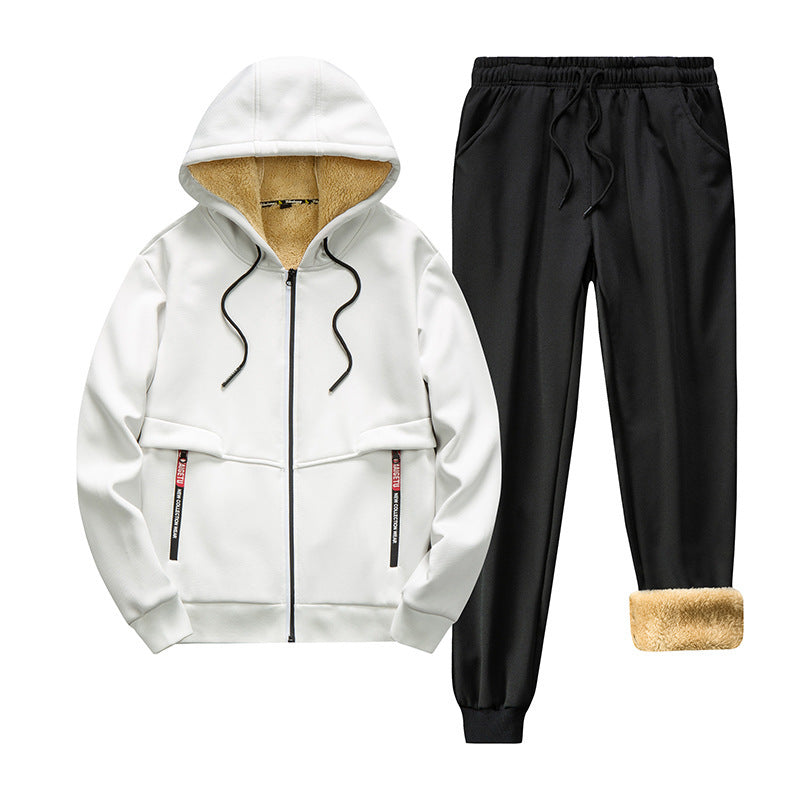 Two-piece Set Men's Solid Zip Up Hooded Jacket & Drawstring Waist Pants Set