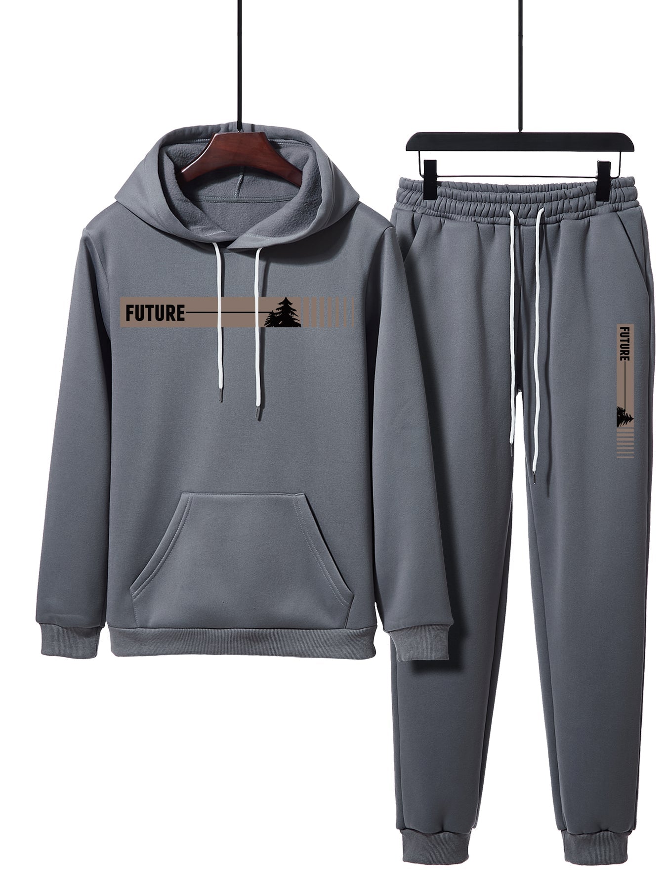 GGT Two-piece Set Men's Tree Graphic Hoodie & Drawstring Waist Sweatpants