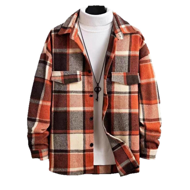 Men's Casual Loose-Fit Plaid Shirt,Vintage Style Long Sleeve Button Front Top