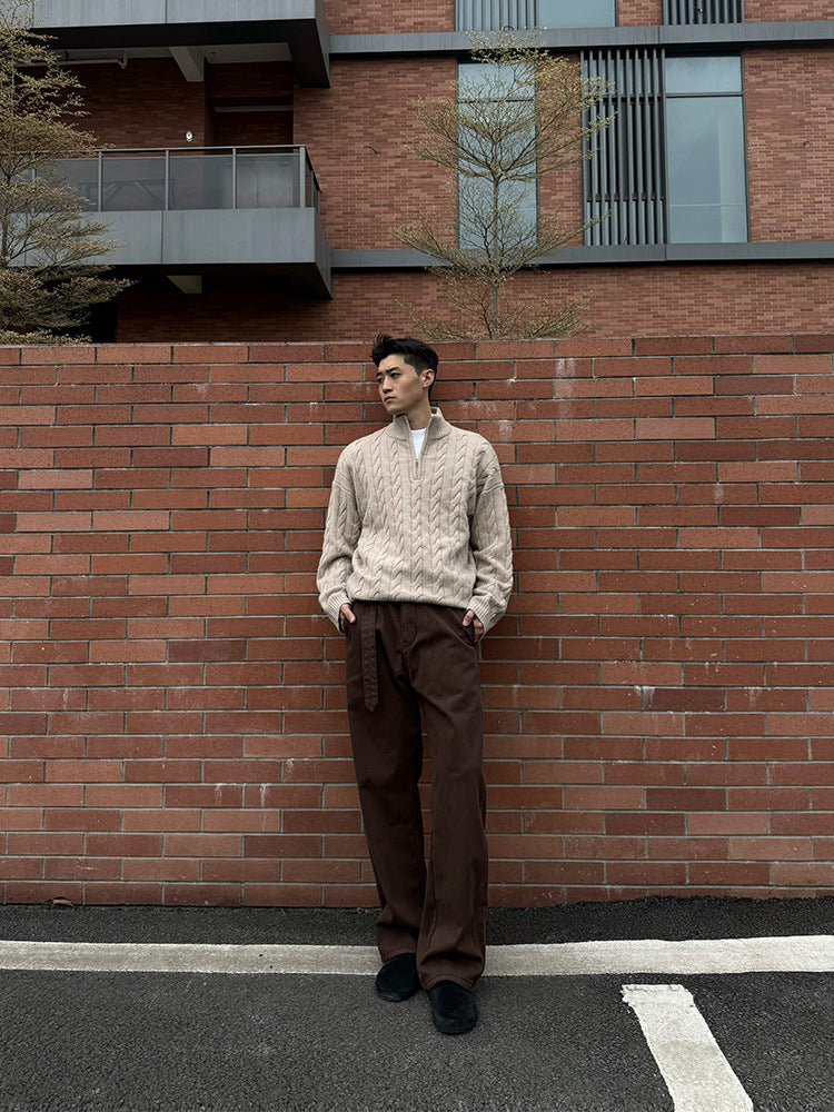 GGT Men's solid color zipper sweater, fashionable knit long sleeved