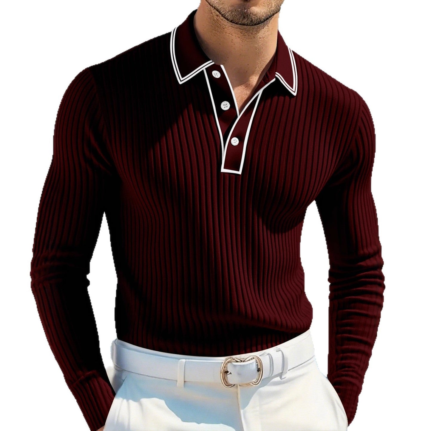 KZZ Men's Long Sleeve Polo Shirt Jacquard Fabric Collared Top