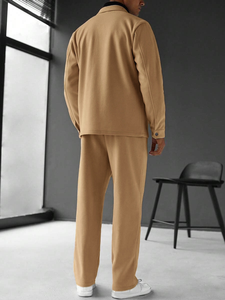 GGT Men's Solid Color Pocket Jacket and Belt Waist Pants Sport Suit Regular Version Mature Business Style