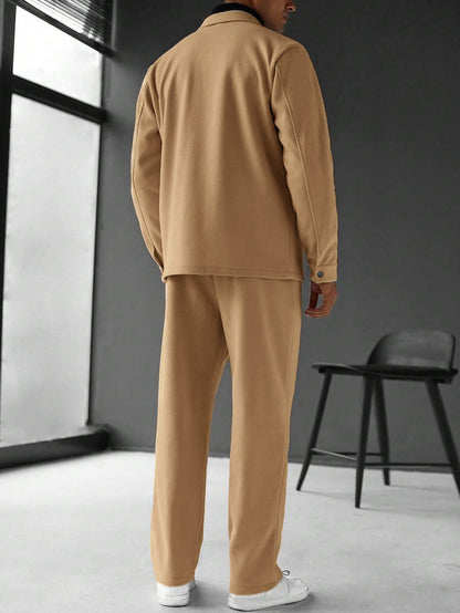 GGT Men's Solid Color Pocket Jacket and Belt Waist Pants Sport Suit Regular Version Mature Business Style