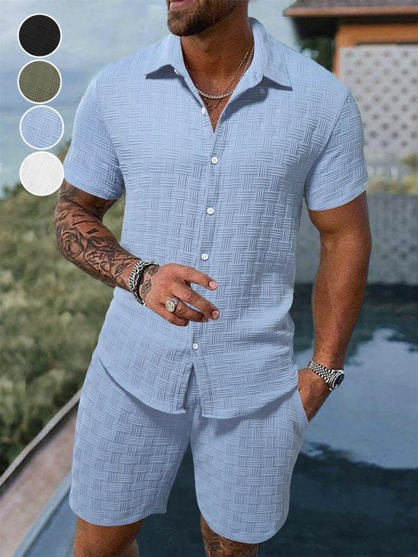 Men's Pure Color Textured Short Sleeve and Shorts Summer Suit