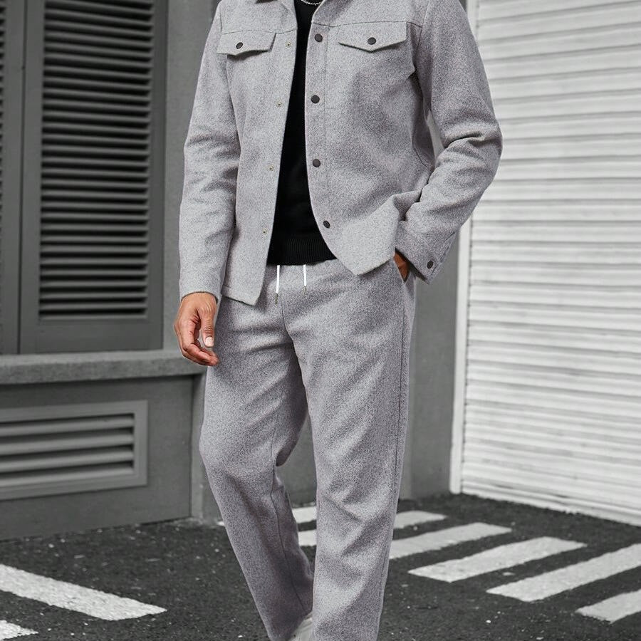 GGT Men's Solid Color Pocket Jacket and Belt Waist Pants Sport Suit Regular Version Mature Business Style