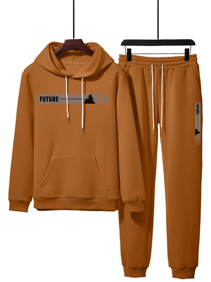 GGT Two-piece Set Men's Tree Graphic Hoodie & Drawstring Waist Sweatpants