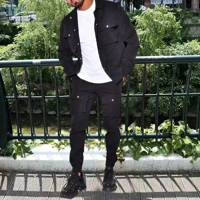 Men's Solid Button Pocket Lapel Neck Jacket & Drawstring Waist Cargo Pant Set