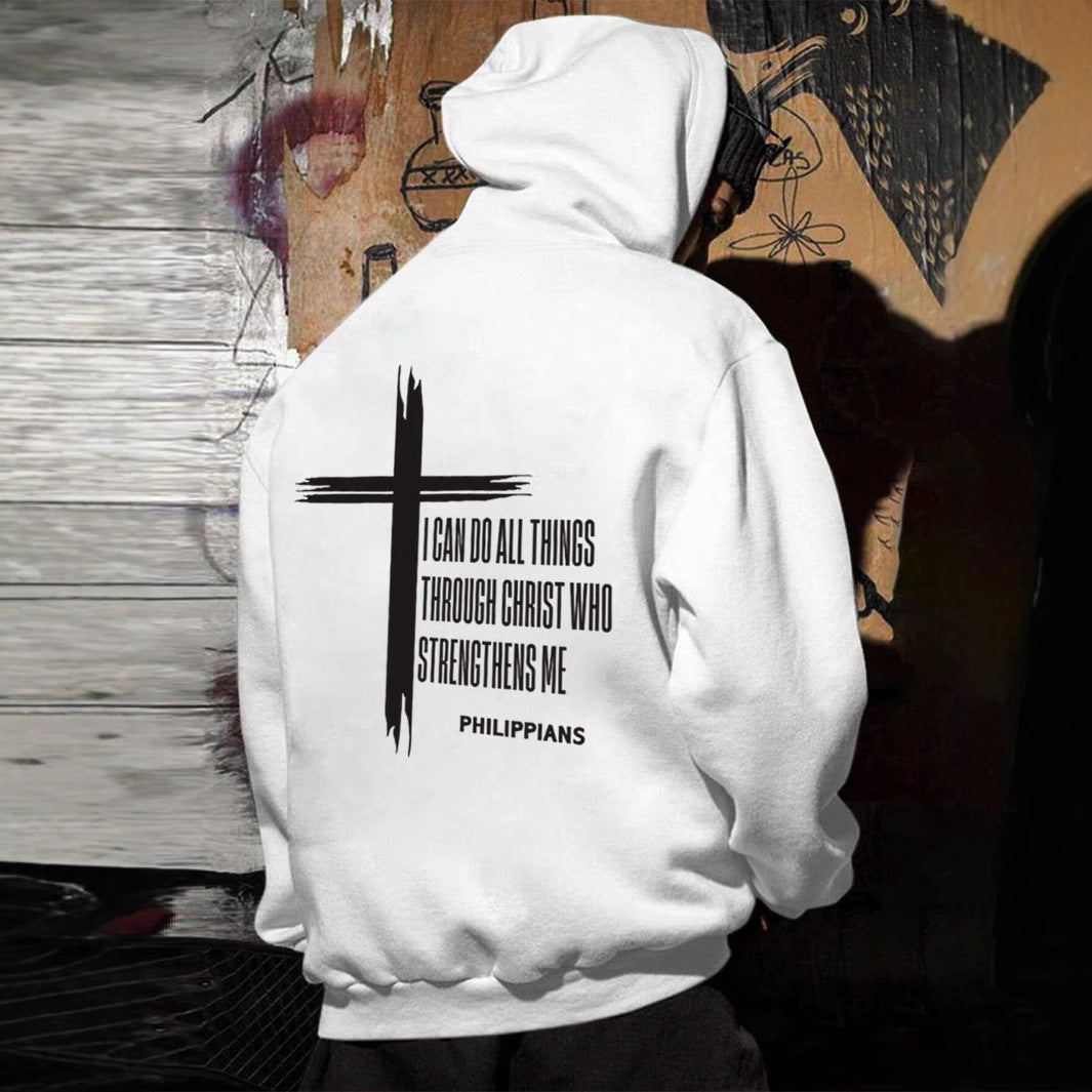 KZZ Men's Cross & Letter Print Drop Shoulder Hoodie,  Casual Regular Fit Hooded Sweatshirt