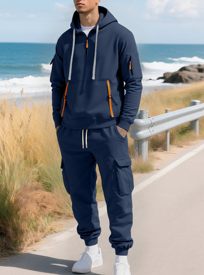 KZZ Men's Fall & Winter Hooded Casual Tracksuit Set: featuring a zip-front hooded design, cargo pants with multiple pockets