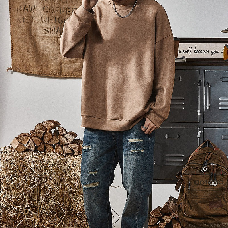 GGT Men's Solid Color Round Neck Drop Shoulder Long Sleeve Sweatshirt