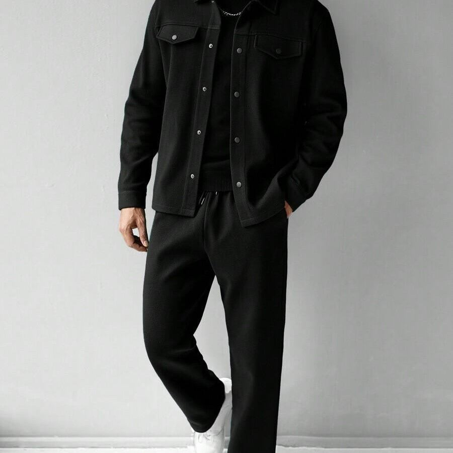 KZZ Men's Solid Color Pocket Jacket and Belt Waist Pants Sport Suit Regular Version Mature Business Style